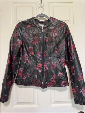Guess Black Faux Leather Jacket with Red and Purple Floral Print